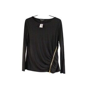 INC Black Long Sleeve Top NWT Womens L Side Gold Zip Accent Asymmetrical Ruche